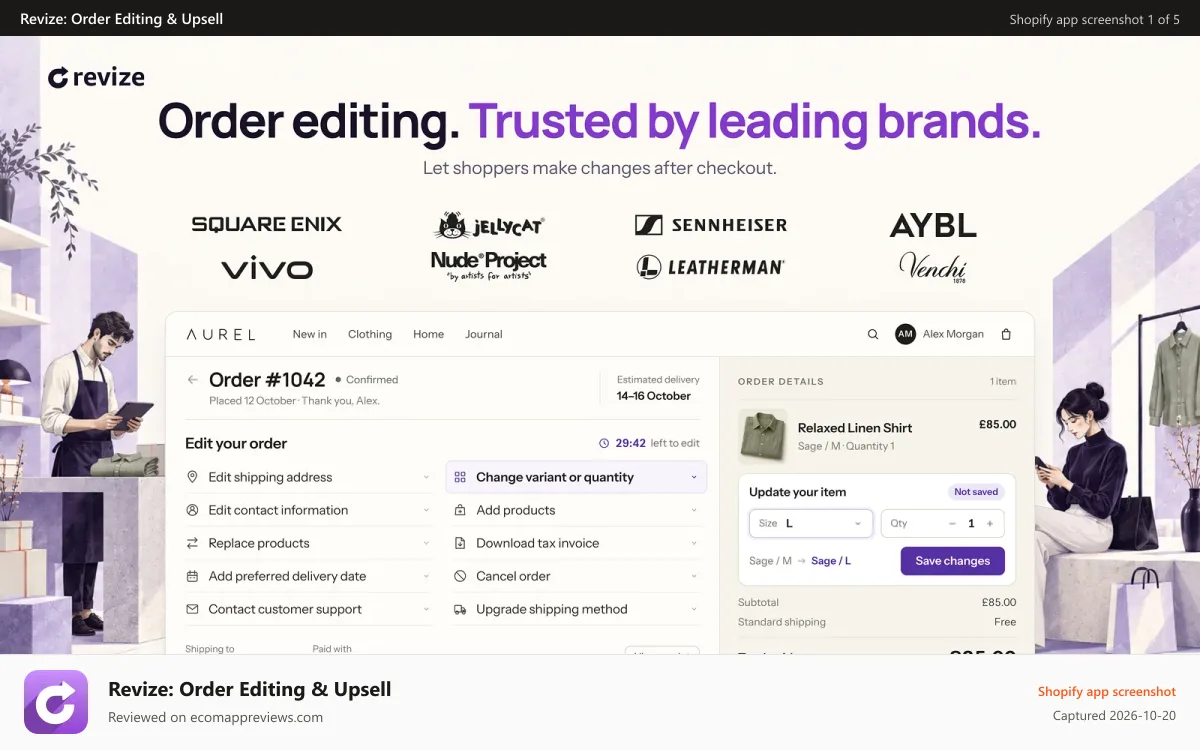 Revize: Order Editing & Upsell Shopify app screenshot: Revize order editing portal backed by leading global brand logos