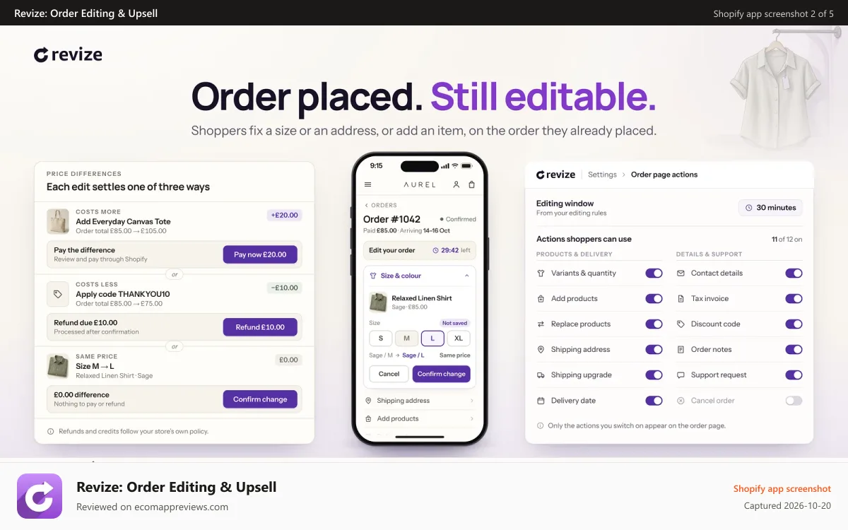Revize: Order Editing & Upsell Shopify app screenshot: Shoppers edit orders on mobile with payment and refunds in place