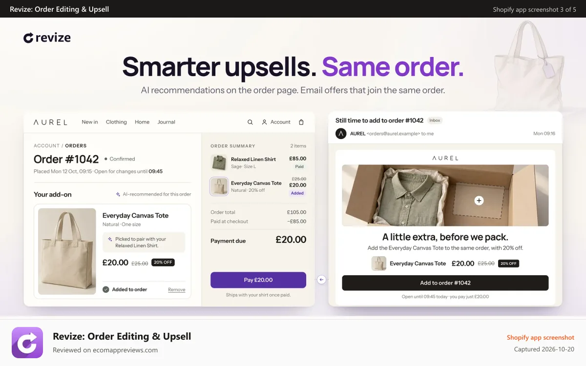 Revize: Order Editing & Upsell Shopify app screenshot: AI product suggestions and email upsells added to the same order