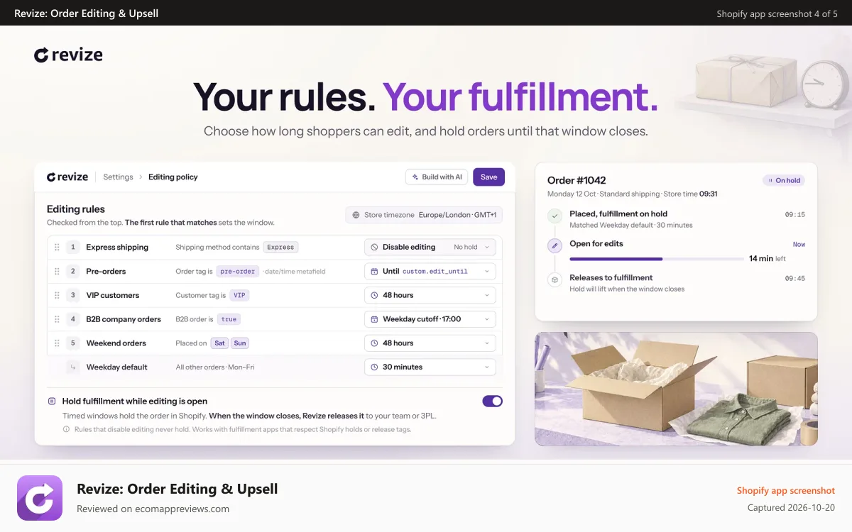 Revize: Order Editing & Upsell Shopify app screenshot: Merchant rules control editing windows and fulfillment timelines