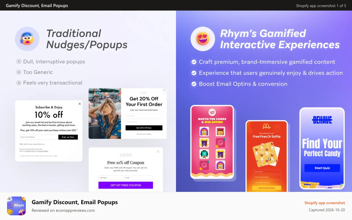 Gamify Discount, Email Popups Shopify app screenshot: Move from traditional to high-converting & engaging popups