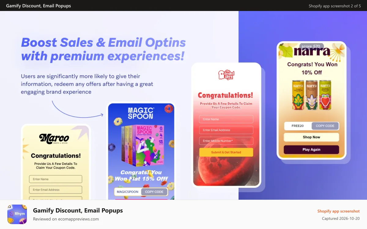 Gamify Discount, Email Popups Shopify app screenshot: Supercharge Sales & Email Optins with premium popups!