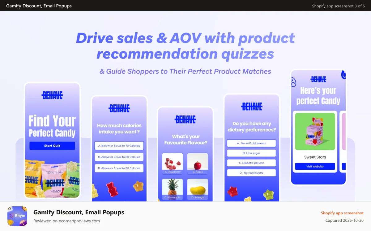 Gamify Discount, Email Popups Shopify app screenshot: Upsell & enhance AOV by Product Recommendation Quizzes