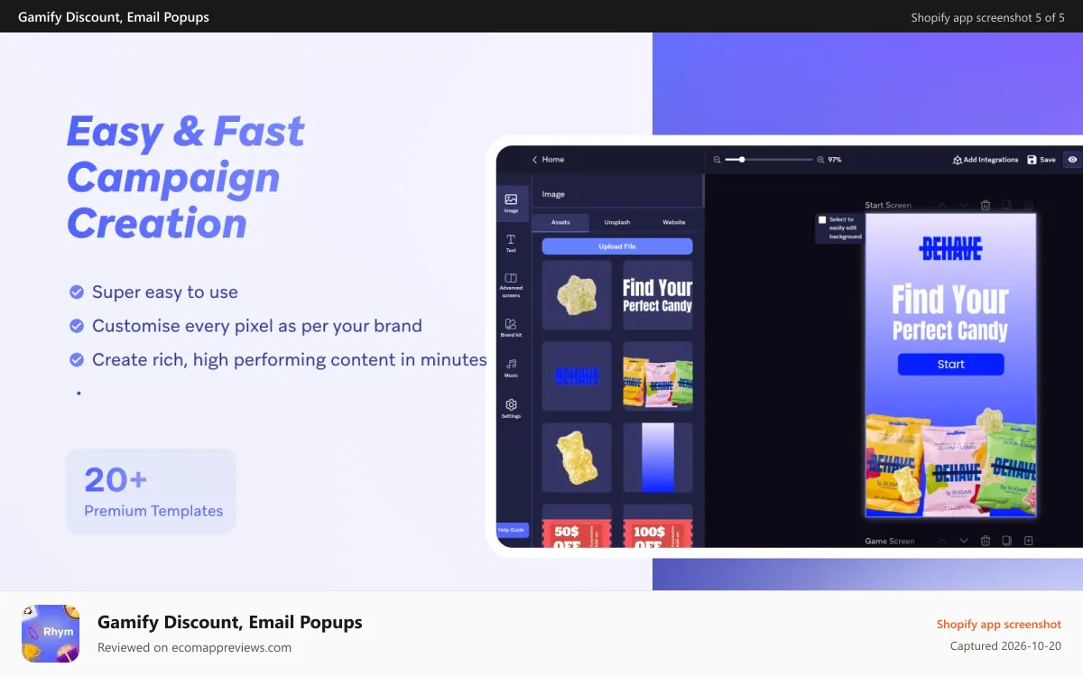 Gamify Discount, Email Popups Shopify app screenshot: Super easy editor. Create & publish gamified popups in minutes
