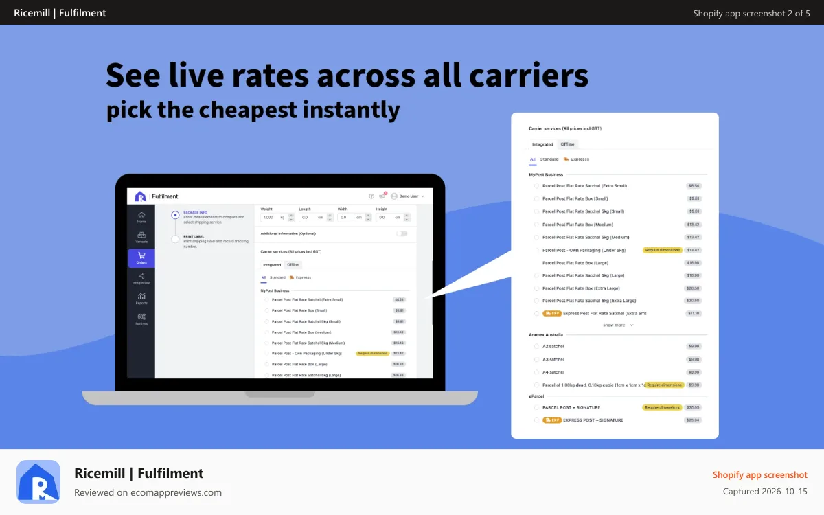Ricemill | Fulfilment Shopify app screenshot: See live rates across all carriers - pick the cheapest instantly