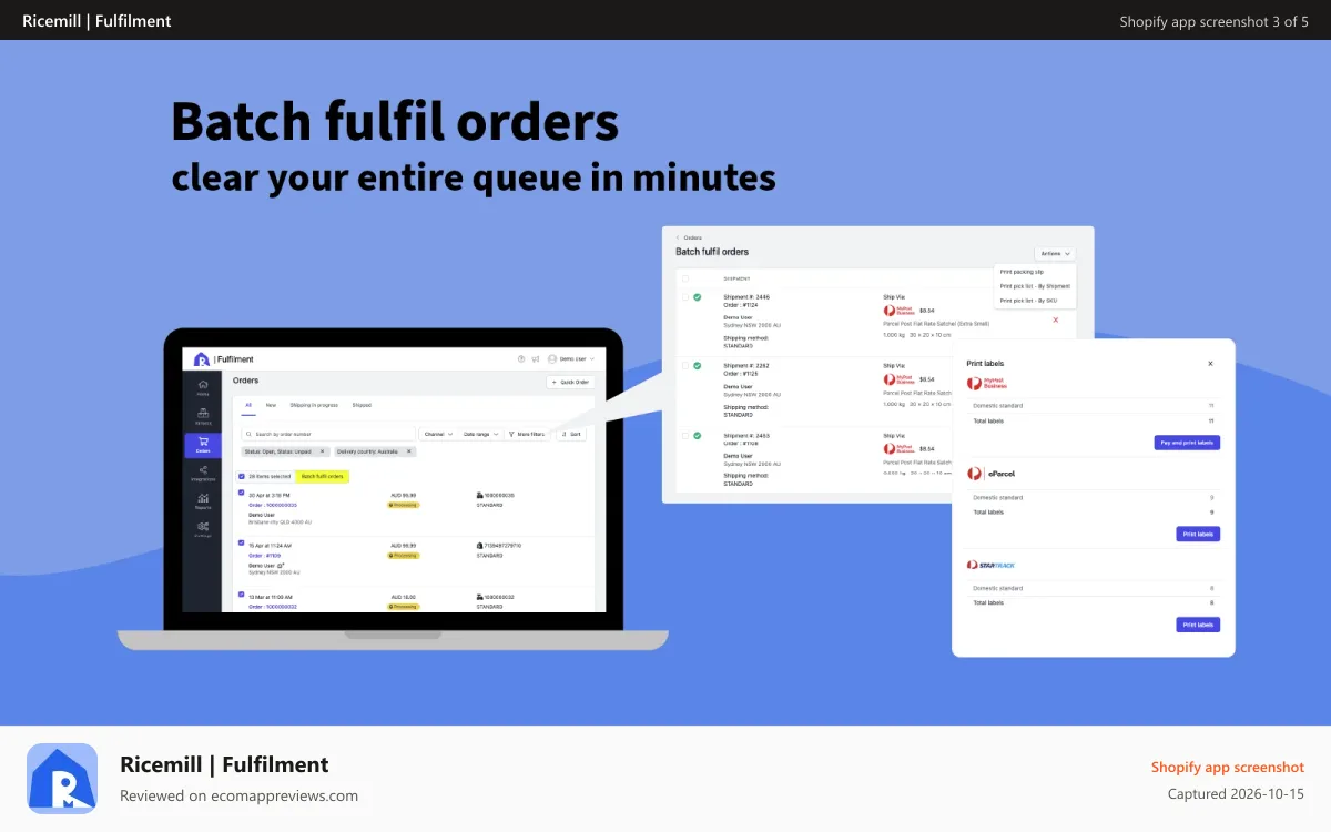 Ricemill | Fulfilment Shopify app screenshot: Batch fulfil orders