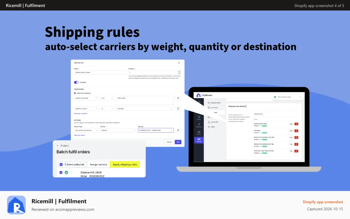 Ricemill | Fulfilment Shopify app screenshot: Shipping rules - auto-select carriers by weight or destination