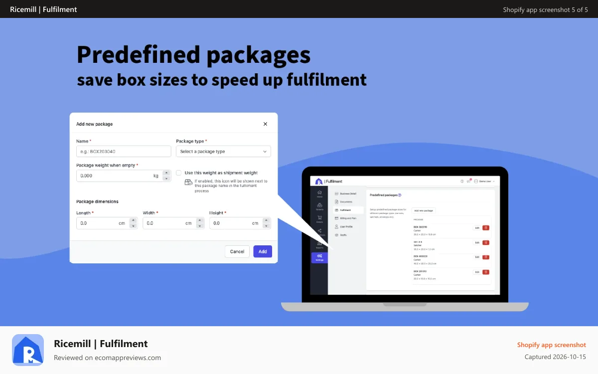 Ricemill | Fulfilment Shopify app screenshot: Predefined packages