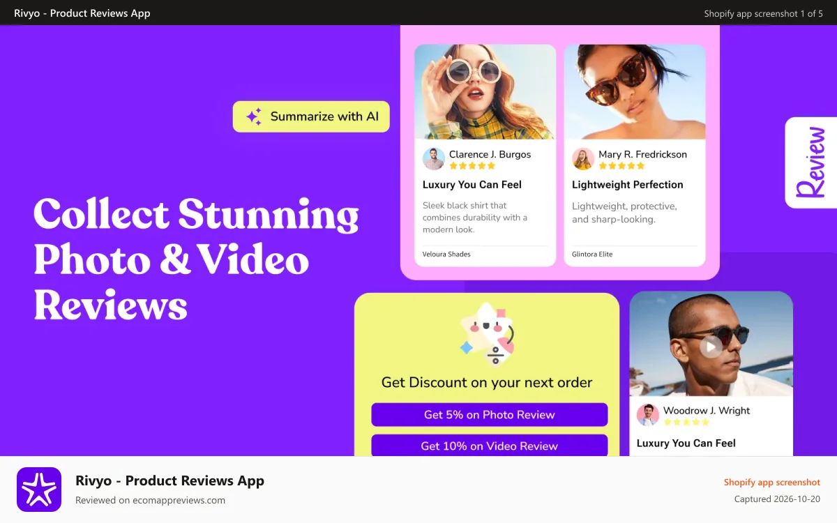 Rivyo ‑ Product Reviews App Shopify app screenshot: Product reviews app with photo, video reviews & star ratings