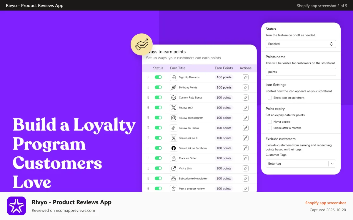 Rivyo ‑ Product Reviews App Shopify app screenshot: Customer Loyalty Program with Points, VIP Tier & Loyalty Rewards