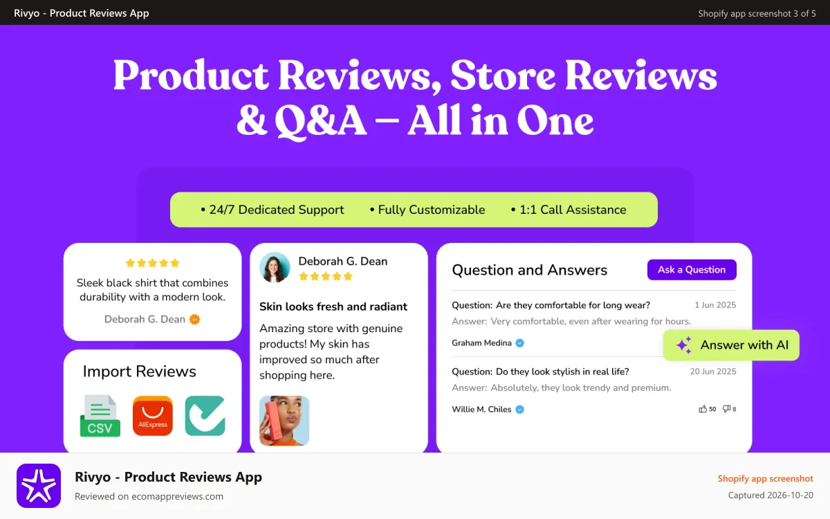 Rivyo ‑ Product Reviews App Shopify app screenshot: Product Reviews, Store Reviews, Q&A, and Import Reviews