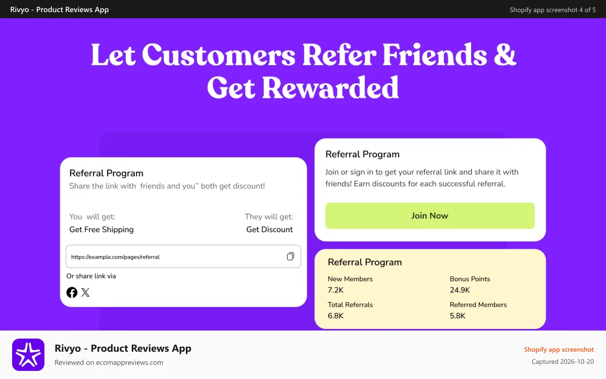 Rivyo ‑ Product Reviews App Shopify app screenshot: Customer Referral Program with Refer a Friend Rewards & Tracking