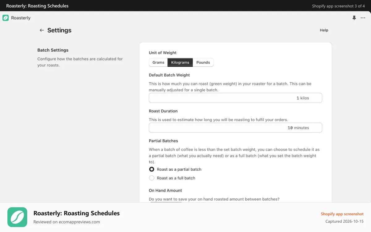 Roasterly: Roasting Schedules Shopify app screenshot: Setup screen where you can link your Shopify coffees.