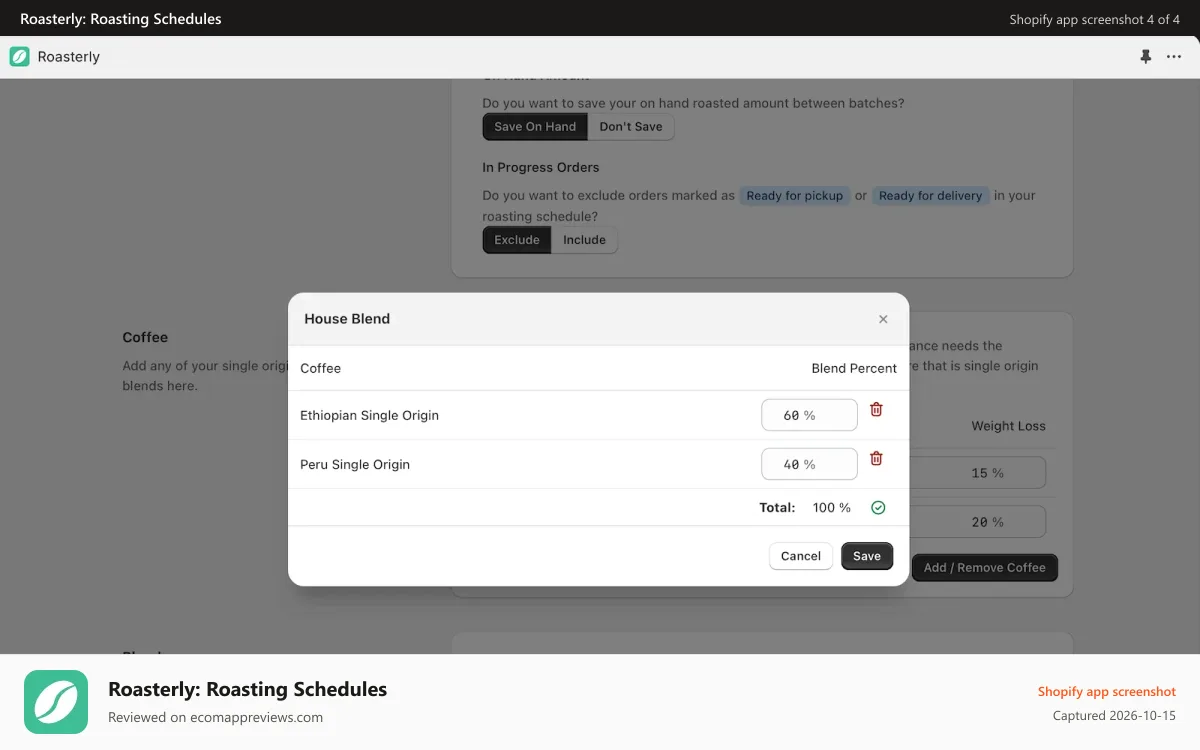 Roasterly: Roasting Schedules Shopify app screenshot: Blend screen allowing to configure post roast blends