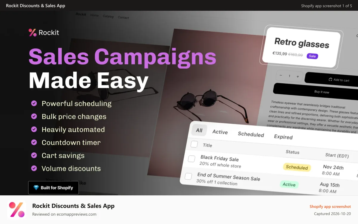 Rockit Discounts & Sales App Shopify app screenshot: Rockit Shopify Discount and Sale app. Bulk price editor.