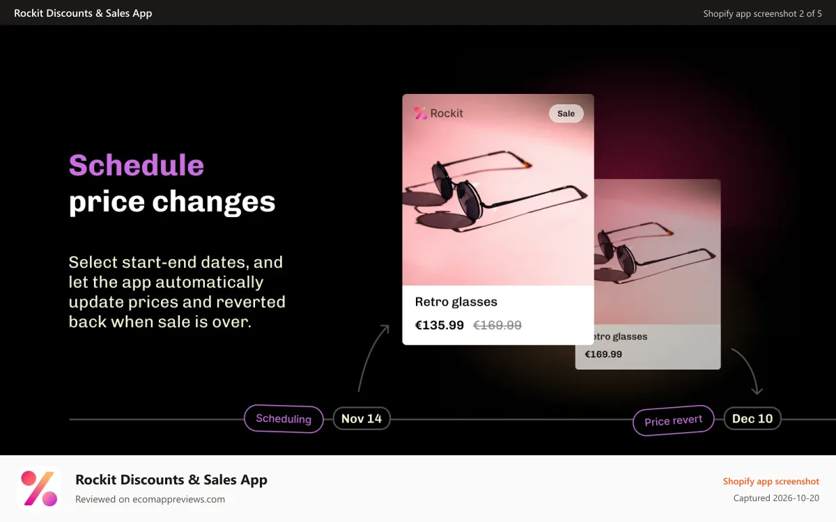 Rockit Discounts & Sales App Shopify app screenshot: Schedule Shopify sales with bulk price editor and sales manager