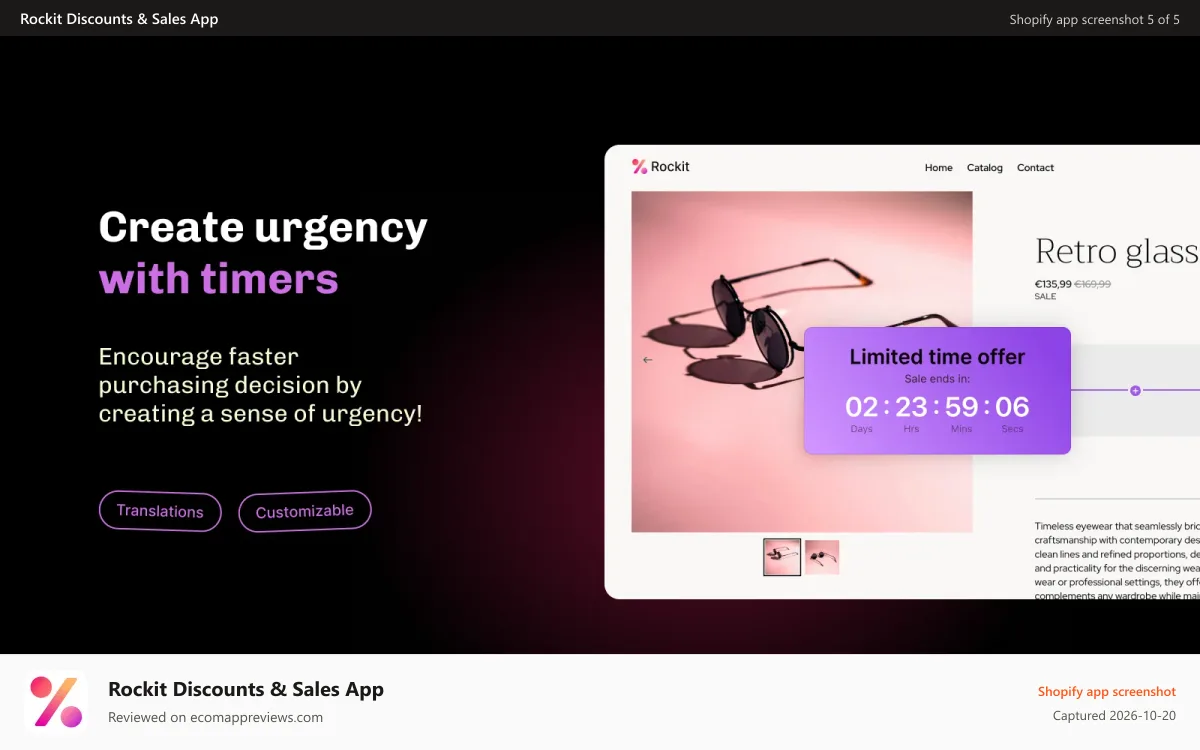 Rockit Discounts & Sales App Shopify app screenshot: Add urgency to your Shopify store with countdown timers