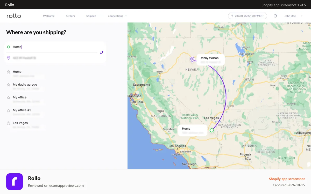 Rollo Shopify app screenshot: Create 'Quick Shipment'
