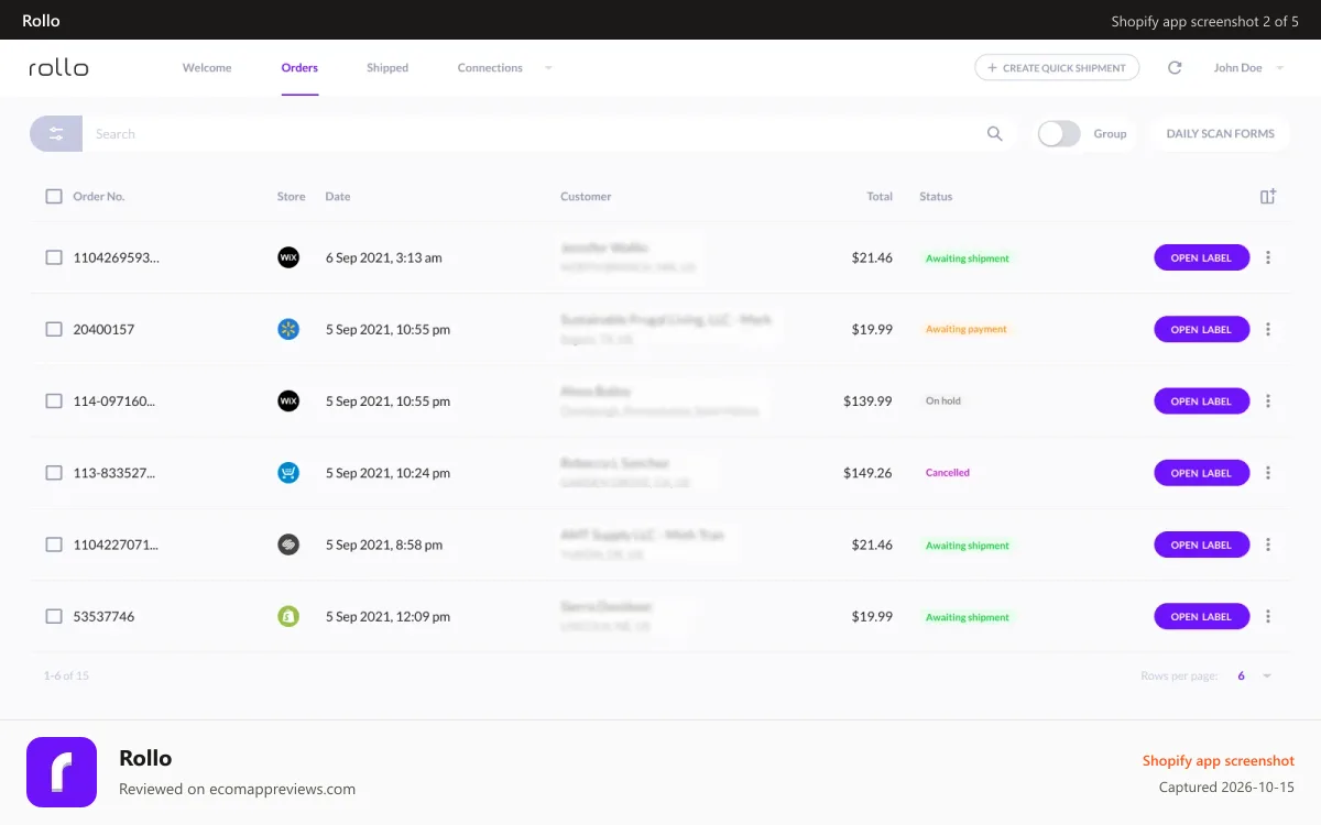 Rollo Shopify app screenshot: Orders dashboard