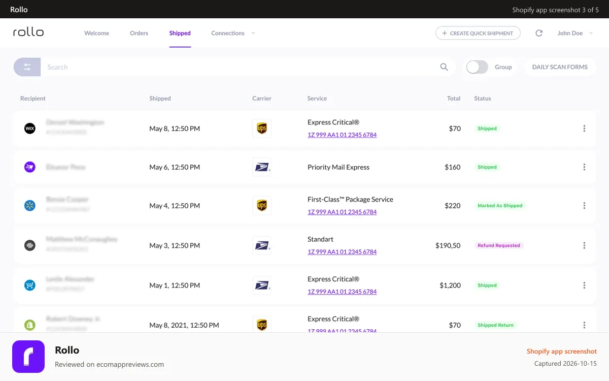 Rollo Shopify app screenshot: Shipments dashboard