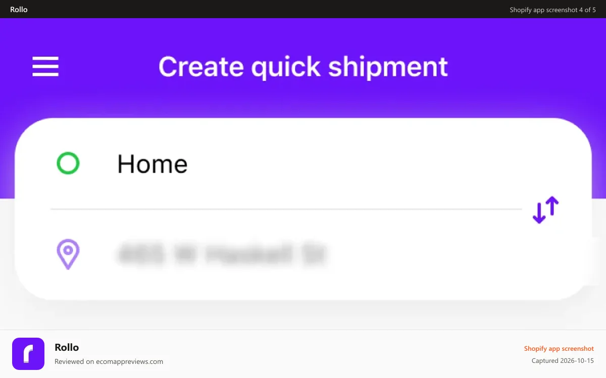 Rollo Shopify app screenshot: Create 'Quick Shipment'