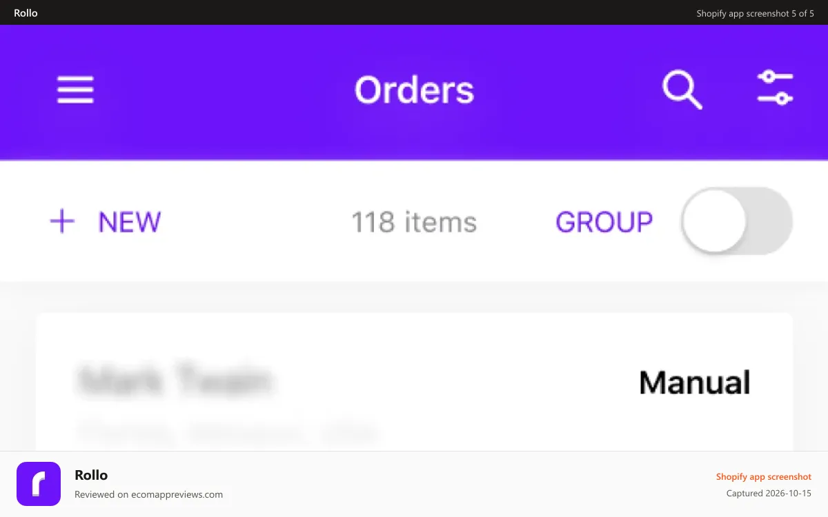 Rollo Shopify app screenshot: Orders dashboard