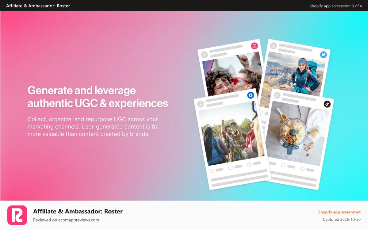 Affiliate & Ambassador: Roster Shopify app screenshot: Generate and reuse authentic, rights-cleared UGC at scale