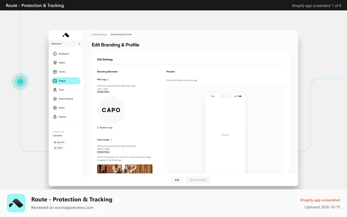 Route ‑ Protection & Tracking Shopify app screenshot: Route Dashboard