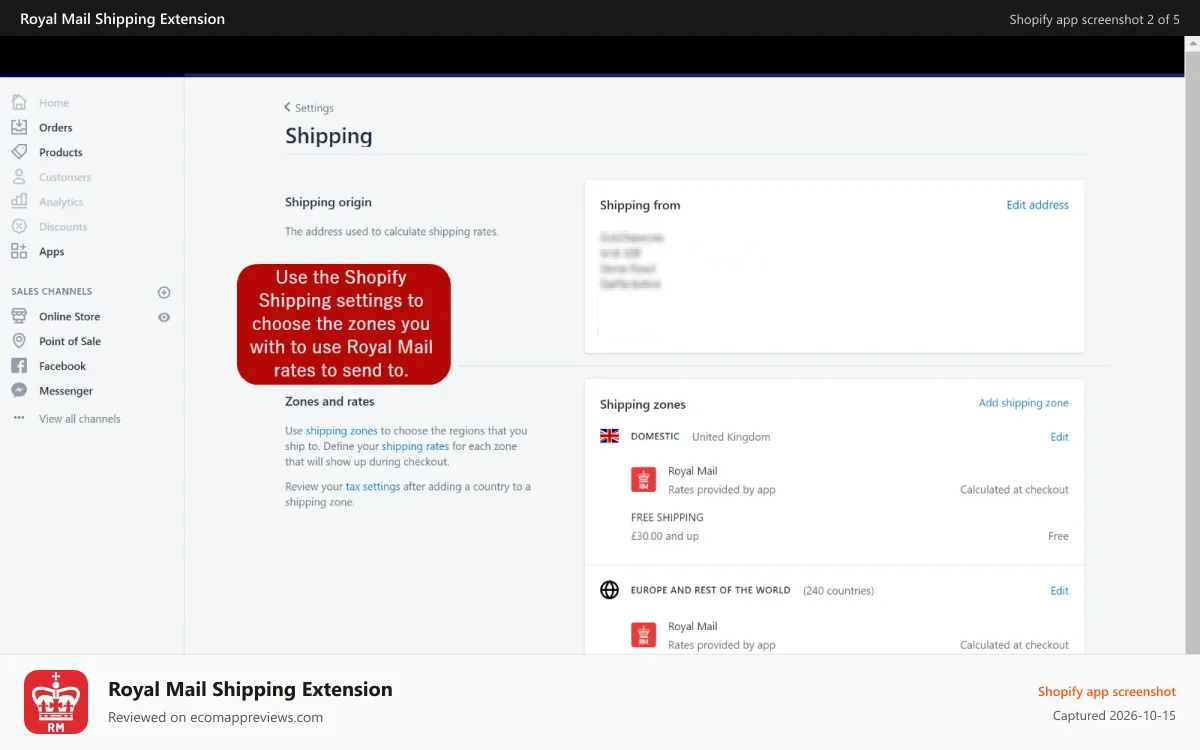 Royal Mail Shipping Extension Shopify app screenshot: Integrated into Shopify Shipping Zone Config