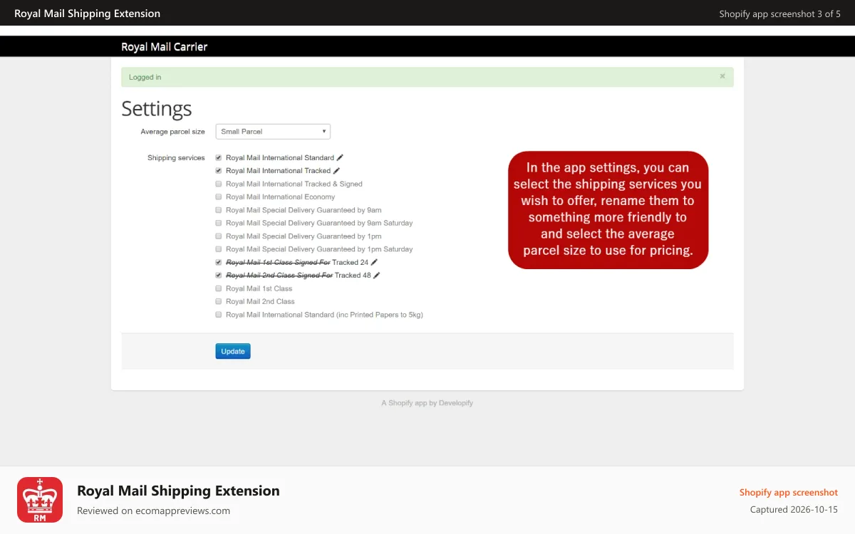 Royal Mail Shipping Extension Shopify app screenshot: Select and rename Royal Mail shipping services