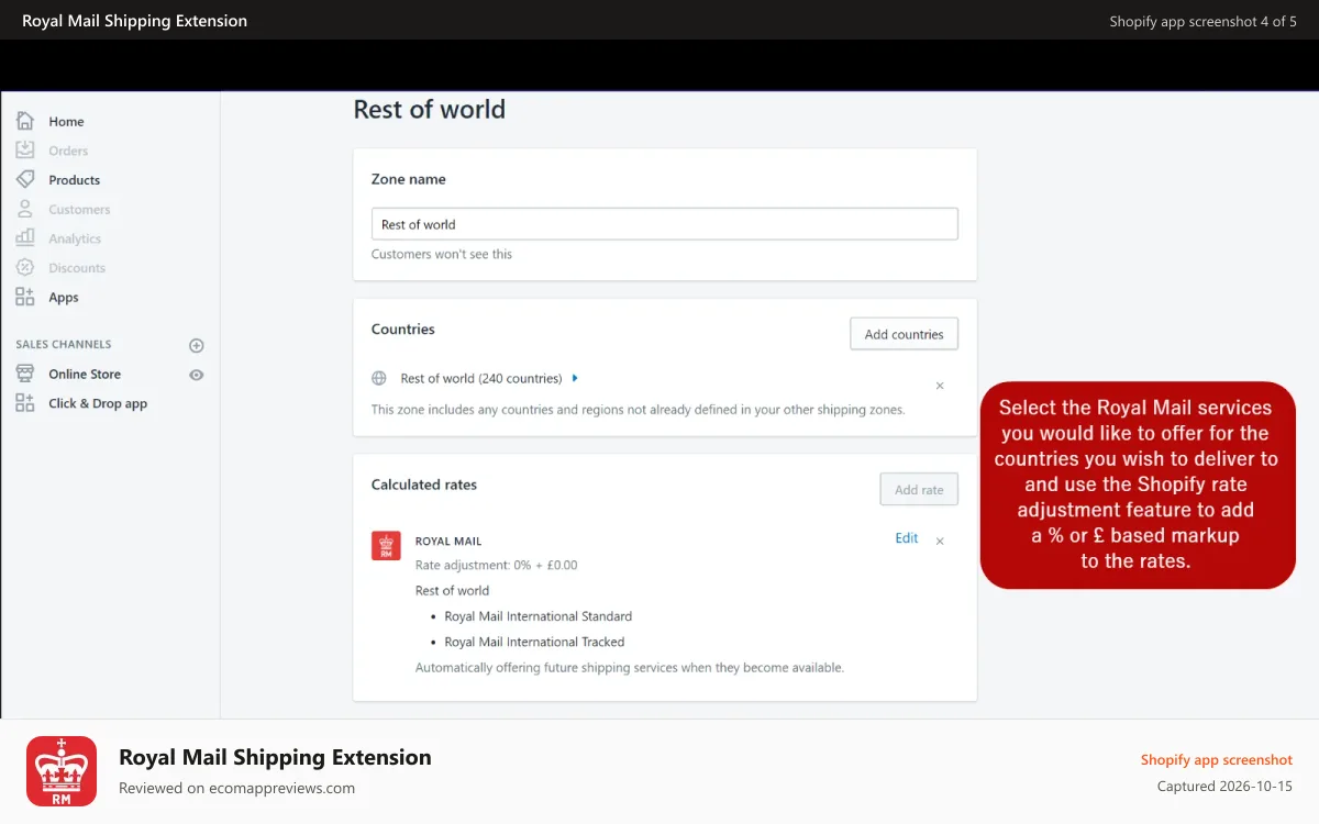 Royal Mail Shipping Extension Shopify app screenshot: Add markup for postage and packaging