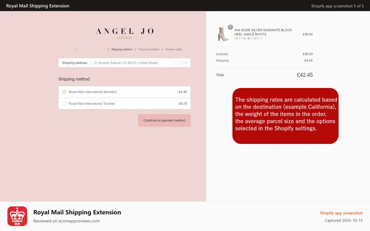 Royal Mail Shipping Extension Shopify app screenshot: Rates shown dynamically in the customers basket