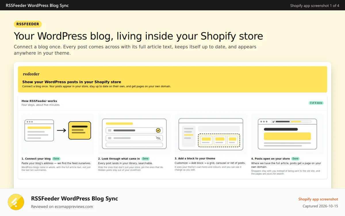 RSSFeeder WordPress Blog Sync Shopify app screenshot: Import WordPress Posts To Shopify, Easy!