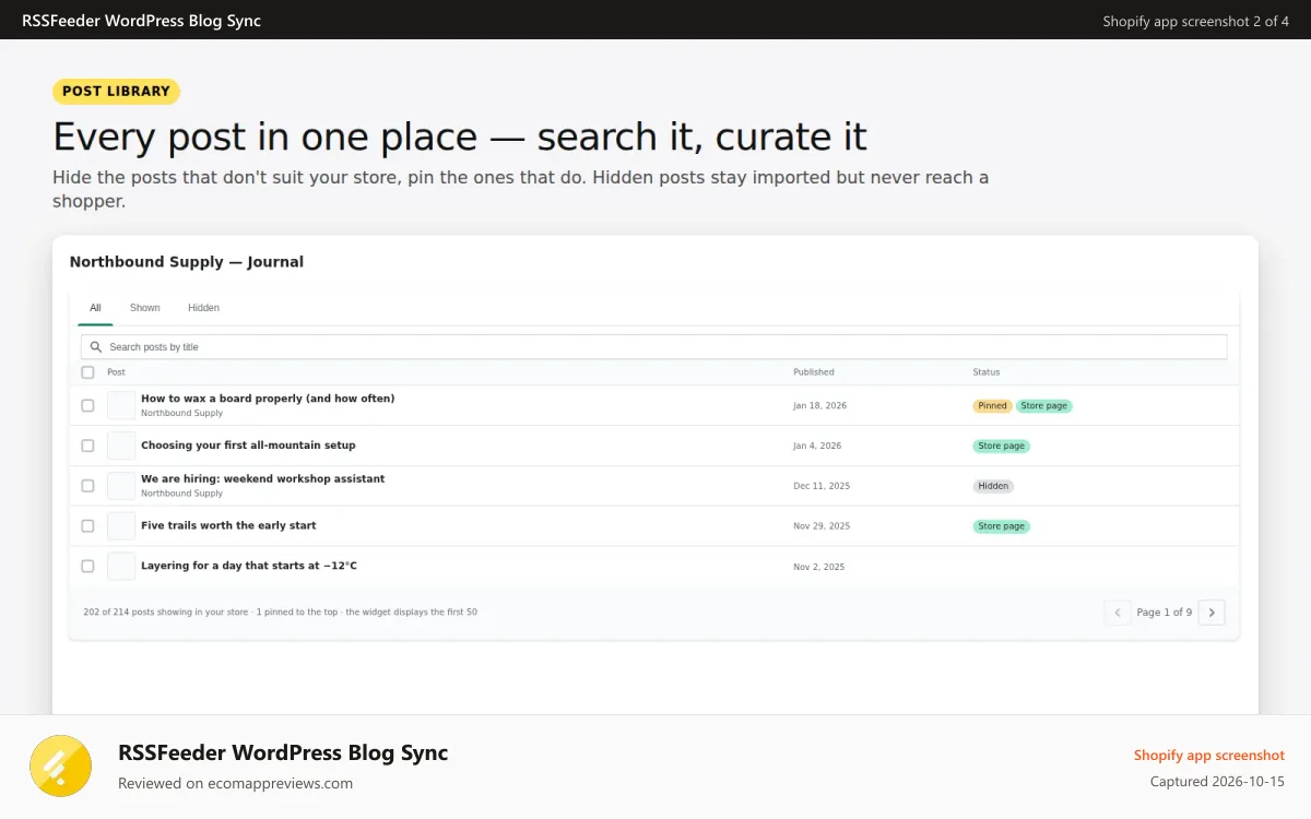RSSFeeder WordPress Blog Sync Shopify app screenshot: RSSFeeder WordPress Blog Feed Listings View
