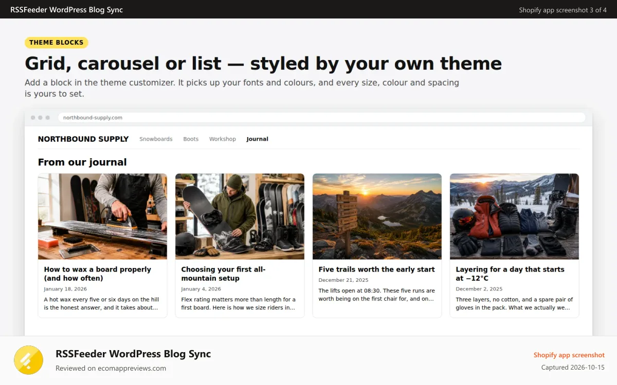 RSSFeeder WordPress Blog Sync Shopify app screenshot: RSSFeeder Added WordPress Blog Feed Preview