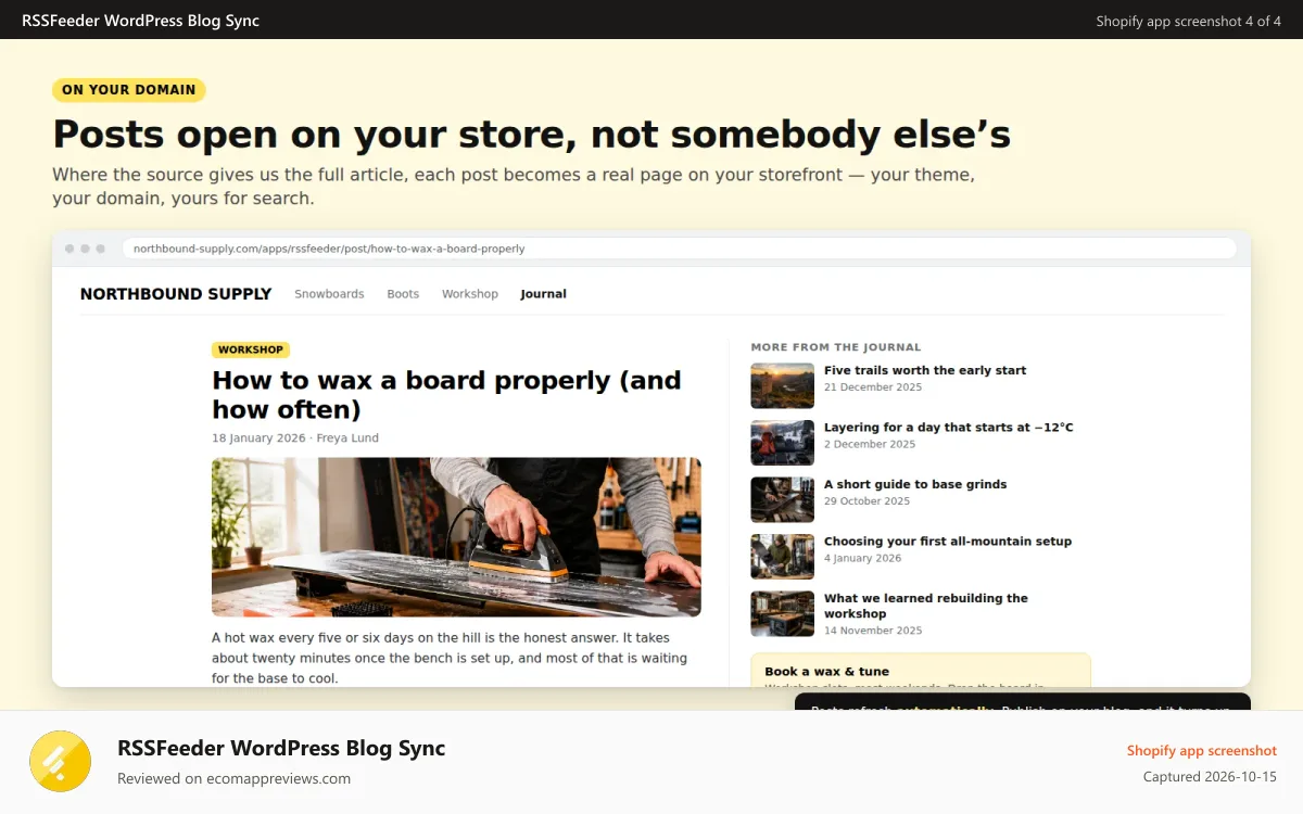 RSSFeeder WordPress Blog Sync Shopify app screenshot: RSSFeeder WordPress Blog Feed Embed Option
