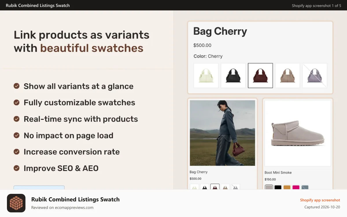 Rubik Combined Listings Swatch Shopify app screenshot: Rubik Combined Listings. Link products as variants with swatches