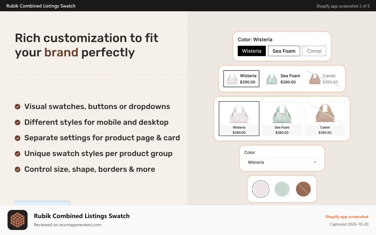 Rubik Combined Listings Swatch Shopify app screenshot: Rich customizations to fit your brand perfectly