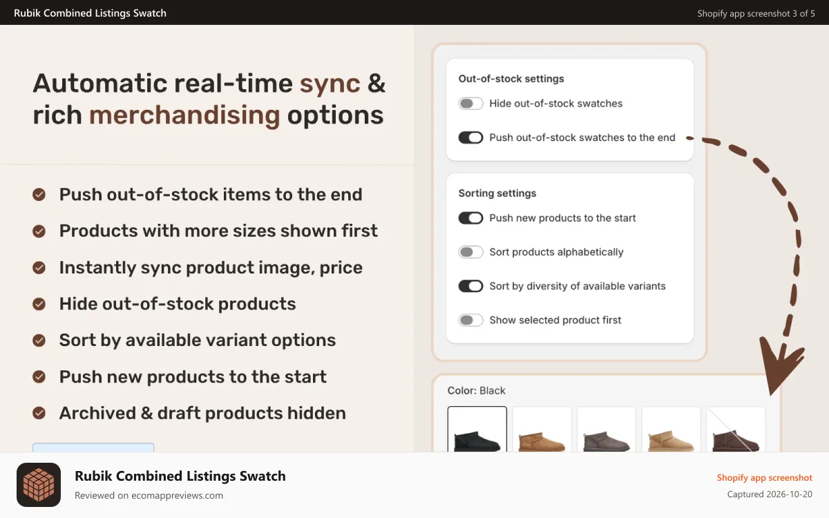 Rubik Combined Listings Swatch Shopify app screenshot: Automatic real-time sync keeps swatches always accurate