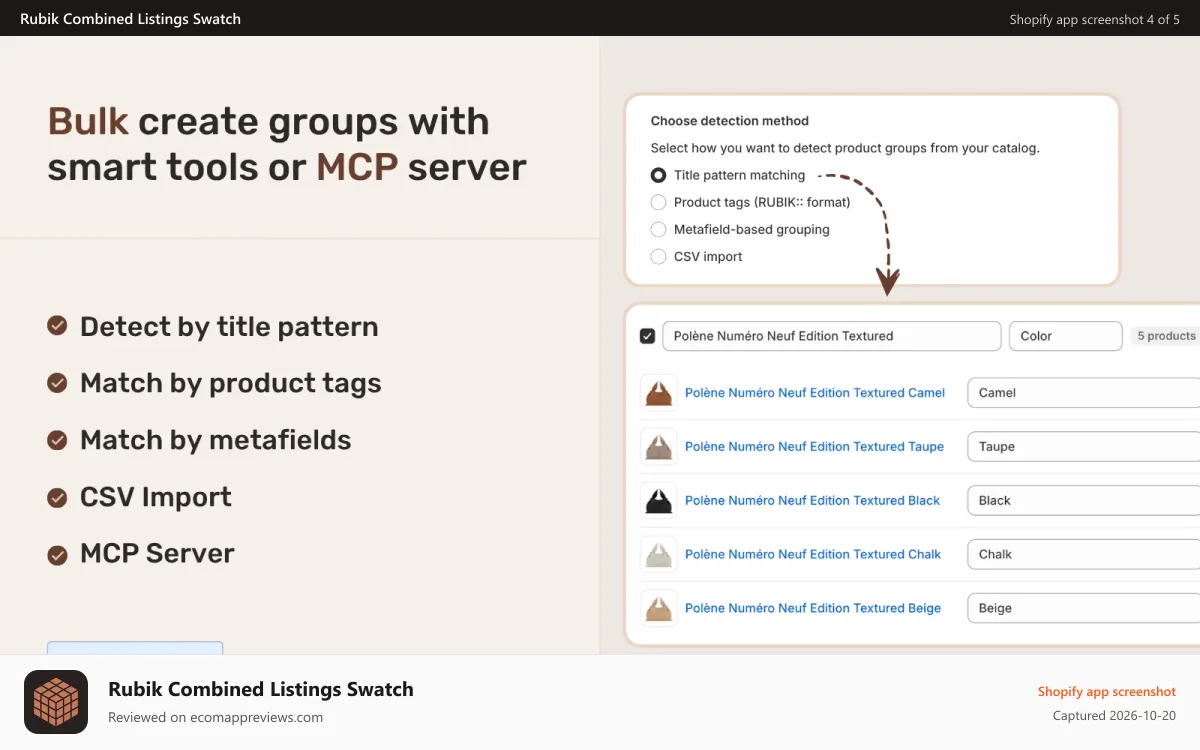 Rubik Combined Listings Swatch Shopify app screenshot: Bulk import product groups with title pattern matching
