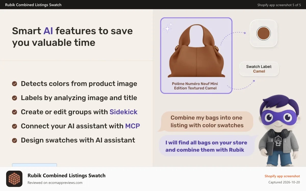 Rubik Combined Listings Swatch Shopify app screenshot: Smart AI features to save you valuable time
