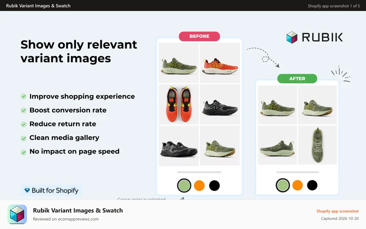 Rubik Variant Images & Swatch Shopify app screenshot: Show only relevant variant images & variant image swatches