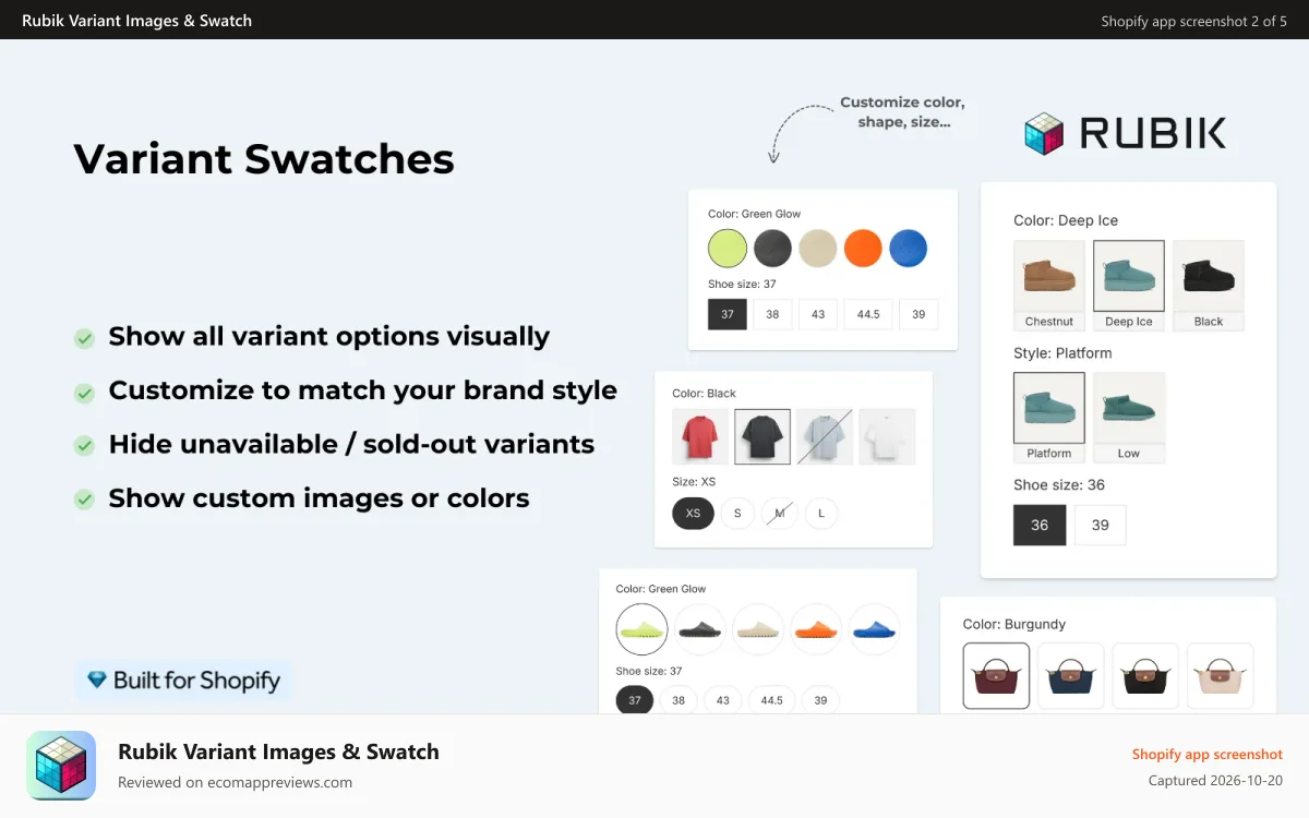 Rubik Variant Images & Swatch Shopify app screenshot: Display all variant options visually with variant image swatches