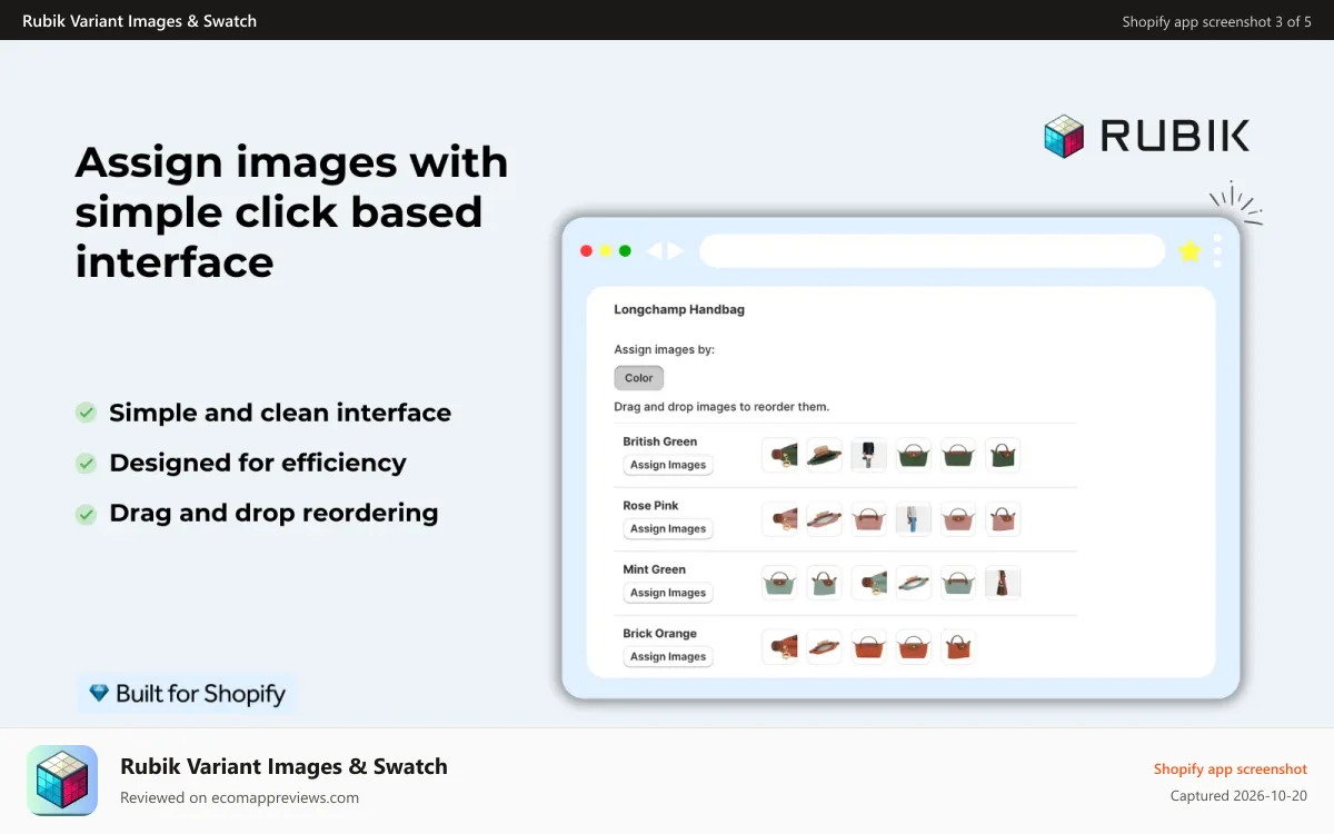 Rubik Variant Images & Swatch Shopify app screenshot: Assign images to variant options with user-friendly interface.