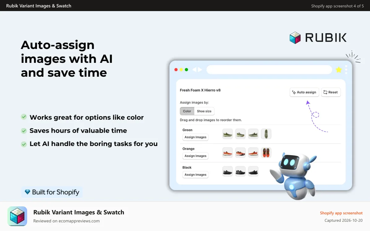 Rubik Variant Images & Swatch Shopify app screenshot: Assign options like color automatically with AI matching