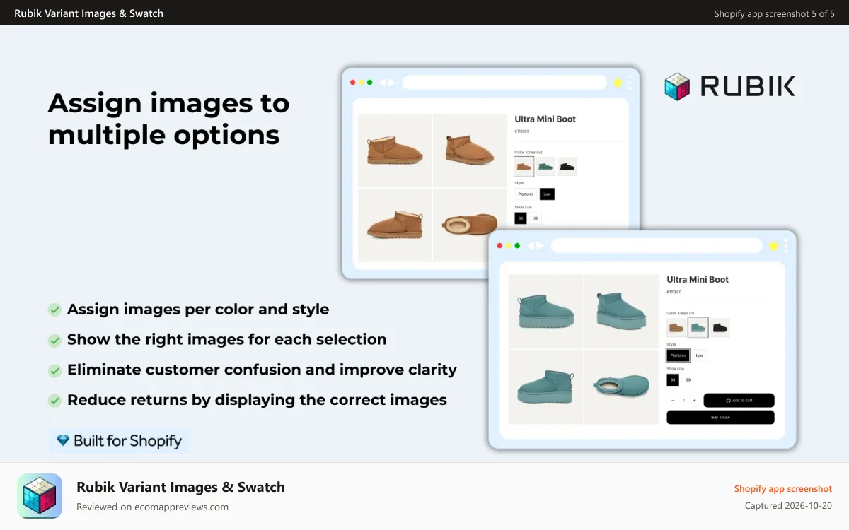 Rubik Variant Images & Swatch Shopify app screenshot: Assign images to multiple options like color & style