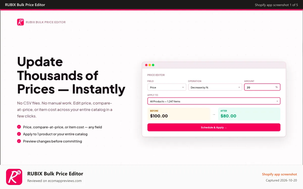 RUBIX Bulk Price Editor Shopify app screenshot: Bulk edit prices, cost, compare-at-price instantly