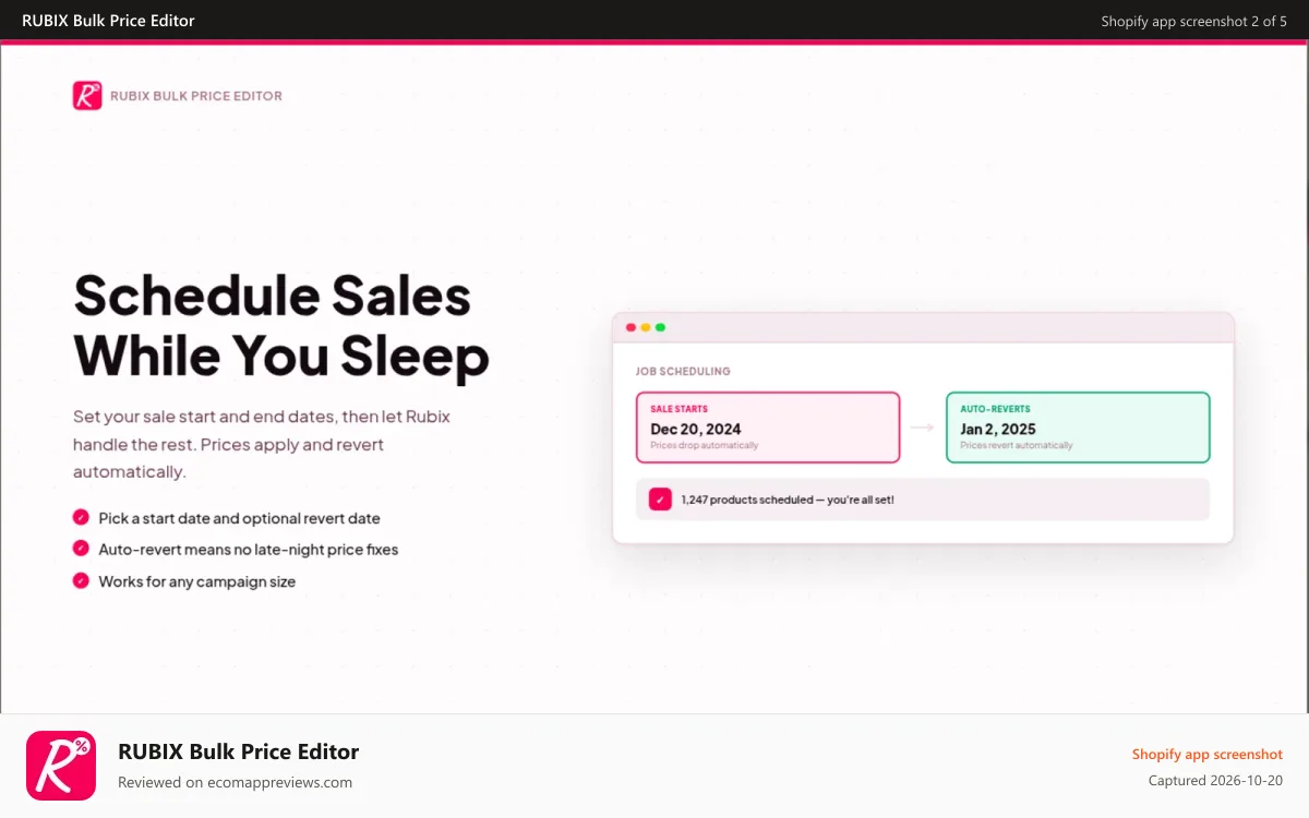 RUBIX Bulk Price Editor Shopify app screenshot: schedule sale while you sleep, set sale and end date.