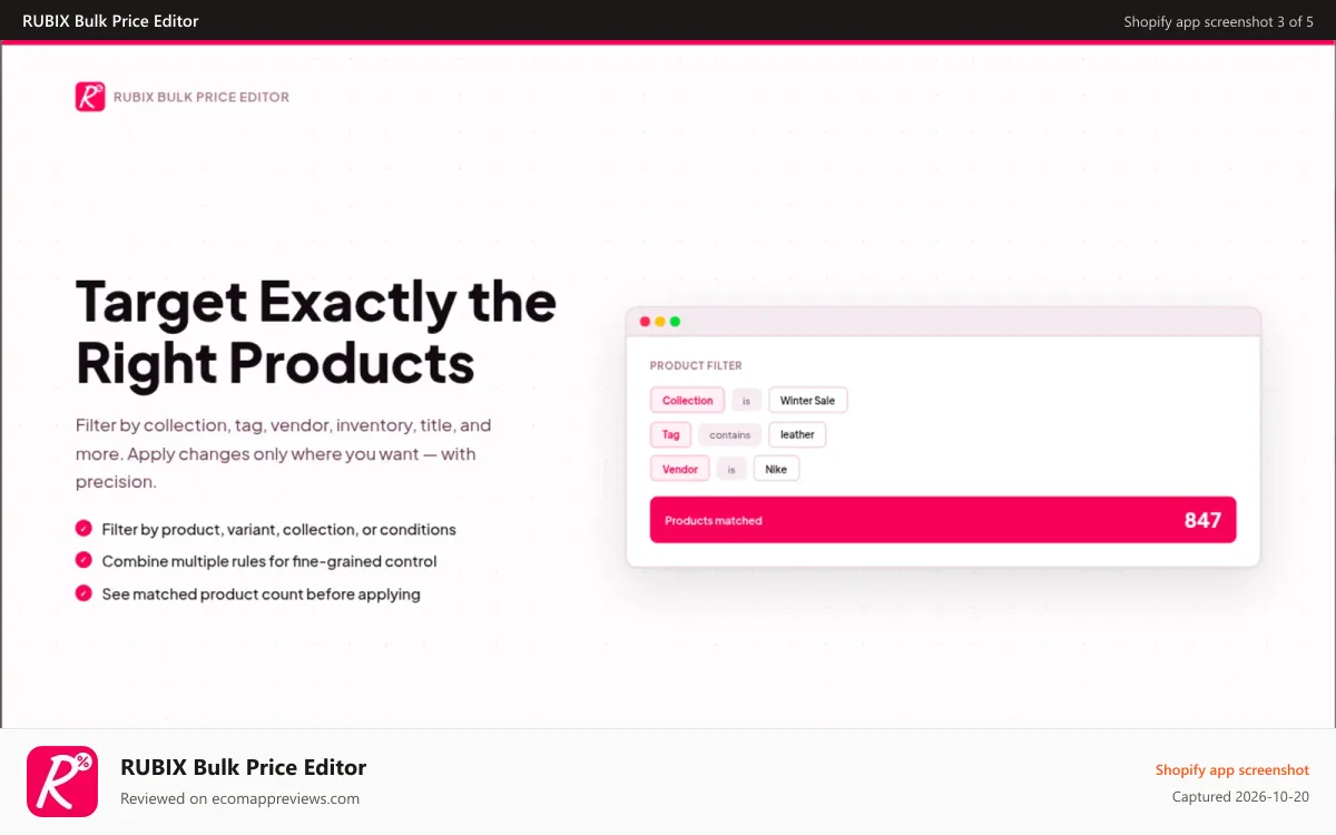 RUBIX Bulk Price Editor Shopify app screenshot: Filter products by collection, tag, more to target right product