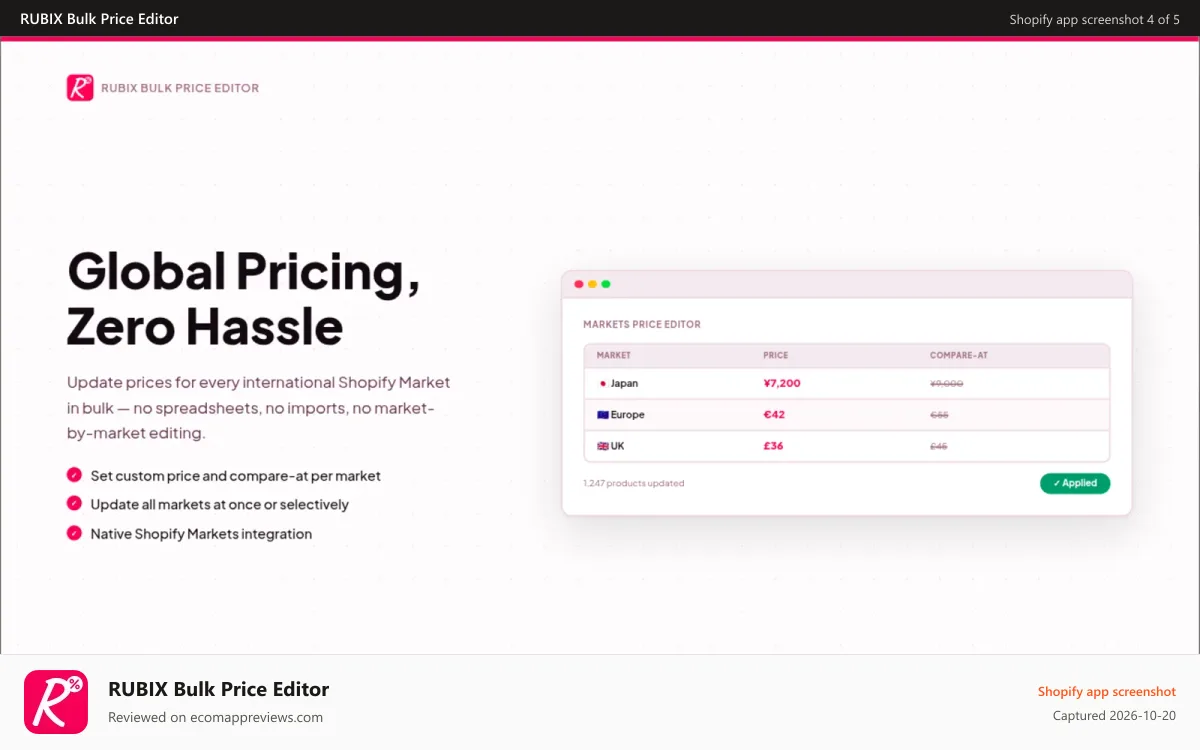 RUBIX Bulk Price Editor Shopify app screenshot: Update prices for every international Shopify Markets in bulk.